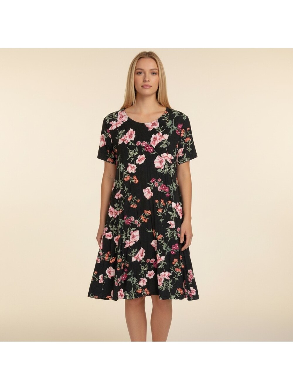 Old Navy Dress Women L Large Black Floral Shift Short Short Sleeve Rayon Casual